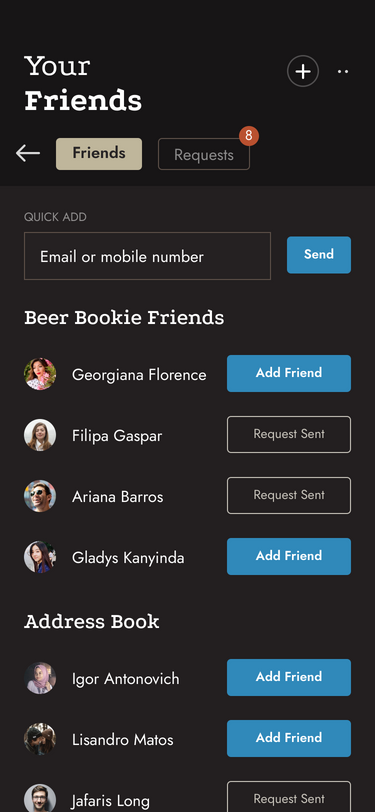 App screenshot of friends invite list